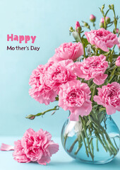Obraz premium Happy Mothers Day greeting card with pink carnations bouquet