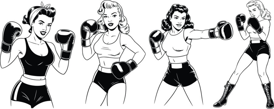 Vintage women boxing illustration, retro female fighters in ring, athletic empowerment artwork, gloves, trunks, sports competition, strength, motion, classic design