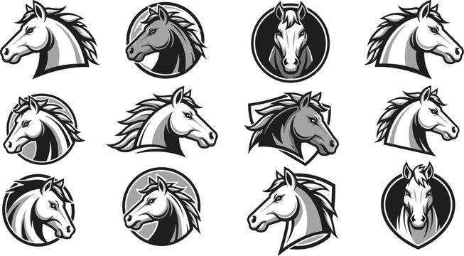 Horse head mascot logos set with badges and emblems, vintage equine symbols collection in bold monochrome vector illustration style