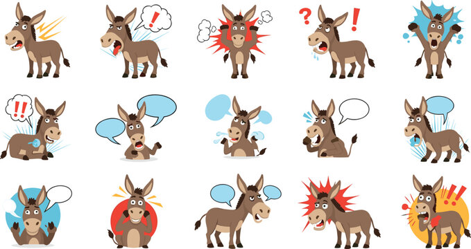 Funny donkey cartoon characters with emotions and speech bubbles, expressive burro animals collection in playful flat vector style