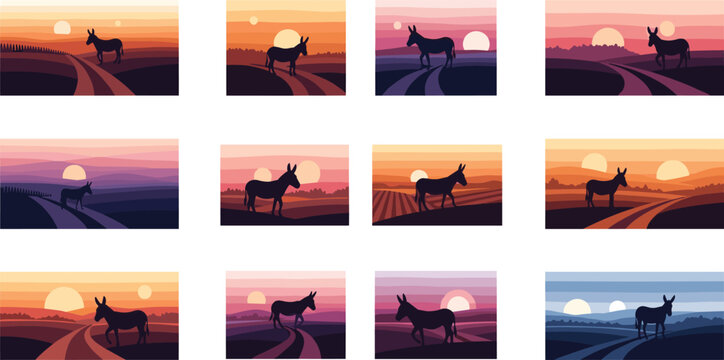 Donkey silhouettes in desert landscapes with sunset backgrounds, scenic wildlife illustrations collection in modern flat vector style
