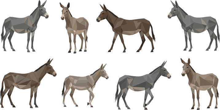 Low poly donkey illustrations set with geometric polygon design, modern abstract burro animals collection in minimalist vector style