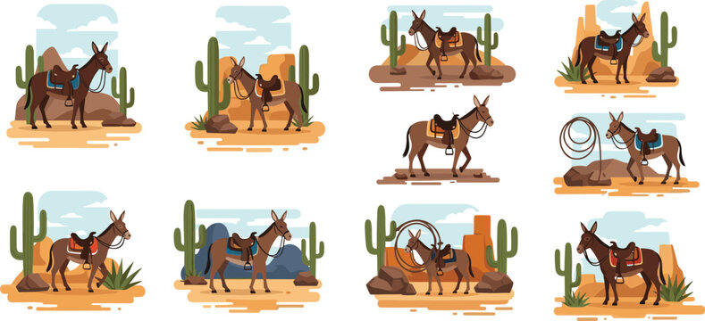 Donkey desert travel illustrations with saddles, cactus and western landscapes, burro adventure collection in warm flat vector style