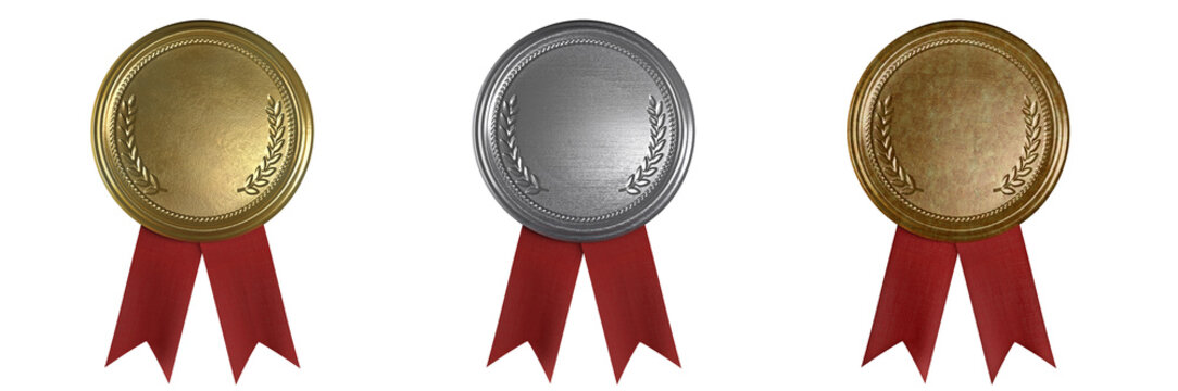 Set of 3D gold, silver, and bronze medals with red ribbons isolated on white background. Blank award medals with laurel wreath for sports, competition, achievement, and recognition concepts.