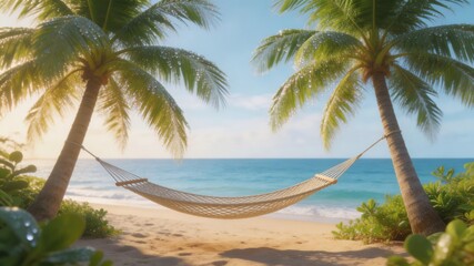 Fototapeta premium Tropical Paradise: A serene hammock gently sways between two towering palm trees on a pristine sandy beach, beckoning you to unwind, with the calm ocean stretching towards the horizon.