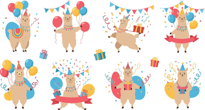 Cute llama birthday party illustrations with balloons, gifts and confetti, festive alpaca celebration collection in colorful flat vector style