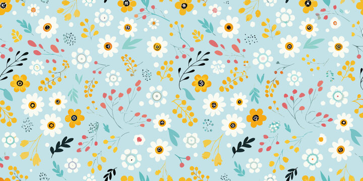 Delicate floral pattern with white yellow and red blossoms on blue