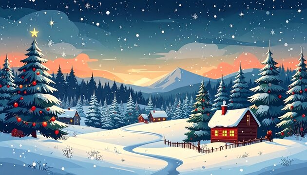 A snowy winter scene depicts festive cabins amidst snow-laden evergreen trees and a twinkling Christmas tree. The landscape features a mountain backdrop