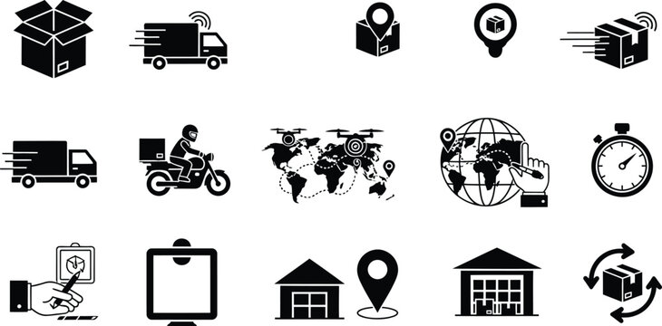 Logistics delivery icon set truck map tracking warehouse global shipping flat vector