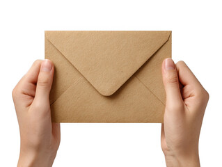 Fototapeta premium A person holding a brown kraft envelope isolated on transparent background