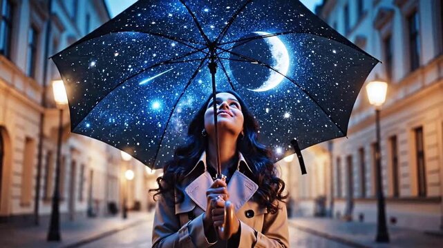 Charming view of dreaming woman holding magical starry umbrella on quiet city street with lanterns at night, young lady looking up at moon inside starry umbrella. Romantic mystery mood in the city