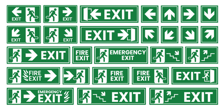 A collection of bright green exit signs featuring running figures and directional arrows prominently displayed silhouette high quality professional detailed modern elegant stylish