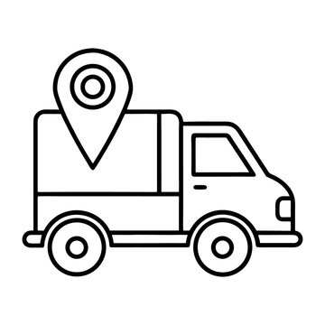 An outline icon depicts a delivery truck with a prominent map pin on top, symbolizing logistical tracking and shipping.