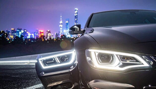 Luxury car front view with LED headlights, symbolizing precision engineering and modern design.