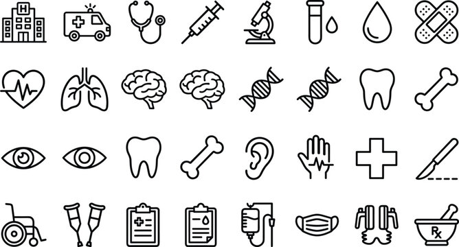 A collection of black line icons related to medical and healthcare on a pure