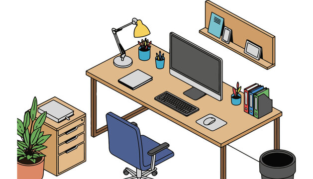 A desk with a computer and office supplies in a vector illustration