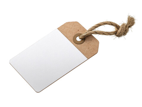 Blank white gift tag with brown string and cardboard section isolated on transparent background