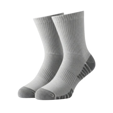 Pair of gray crew socks with ribbed texture and dark gray toe isolated on transparent background