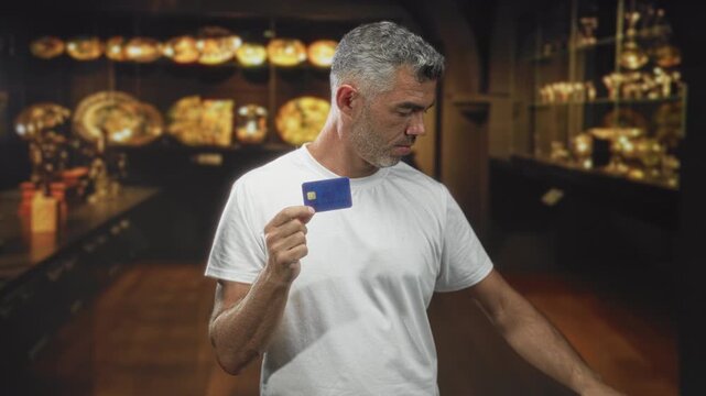 Man holding creditcard in hand, looking down at the card in a building gallery display; financial debt anxiety.
