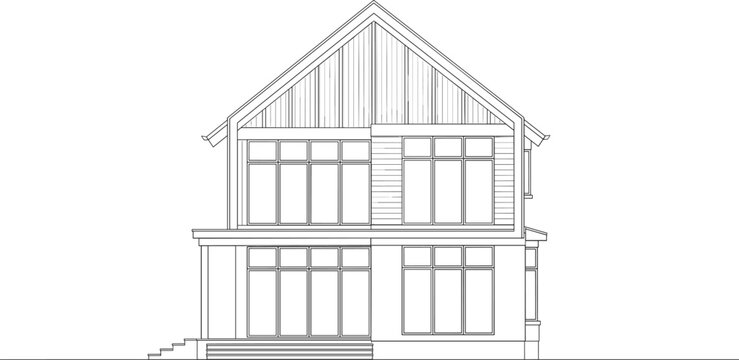Modern family home architectural vector illustration featuring two story house design with gabled roof and large windows in line art style