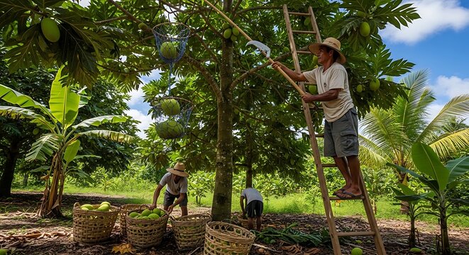 Workers harvesting mountain papaya on a ladder in a lush tropical orchard