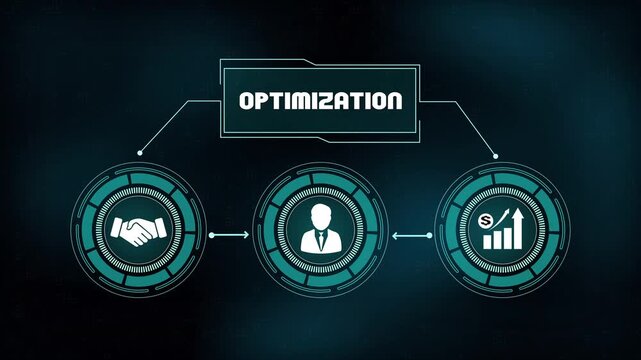 Business optimization and performance management system, featuring professional partnership handshake, corporate leader icon, and growth bar chart.