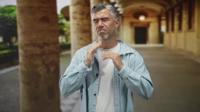Man with grey hair presses hands to face in building arcade, eyes closed, rubbing temples and grimacing; pain.
