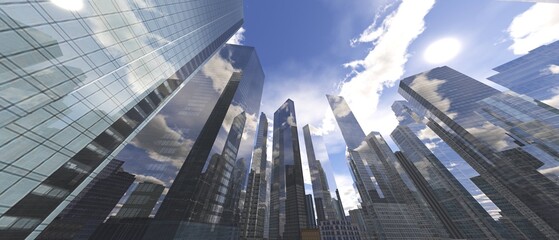 Skyscrapers, high-rise buildings from below against the background of the sky, cityscape, panorama of skyscrapers, 3D rendering © ustas