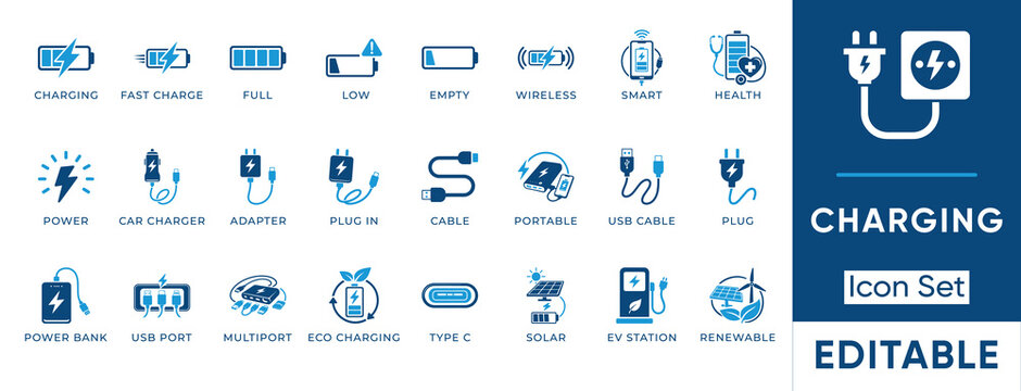 Charging icon set. Containing battery, power, adapter, wireless, cable, plug, ev station and more. Solid vector icons collection.