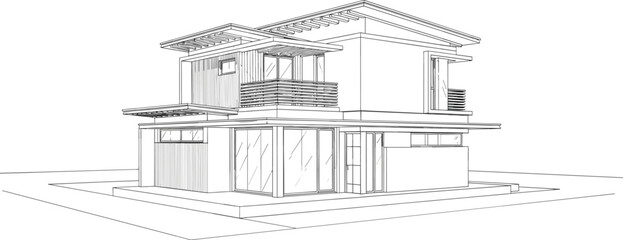 Modern two story house architectural vector illustration featuring contemporary home design with glass windows and flat roof line art © Bappi
