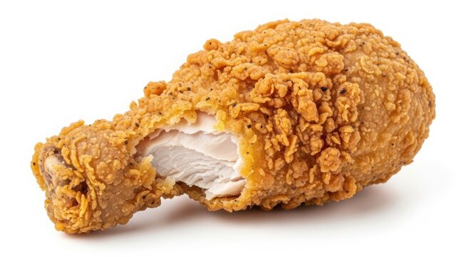 Crispy Fried Chicken Drumstick Product Shot with a Bite Taken Out isolated on White Background