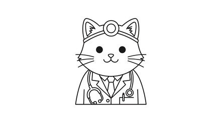 Fototapeta premium A charming black and white line drawing of a cute cat dressed as a doctor, complete with a stethoscope and a medical head mirror.