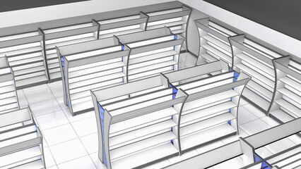 Top view of the trading floor mockup with white and blue curved gondola shelving and blank shelves against the wall. 3d illustration isolated on grey © Wire_man