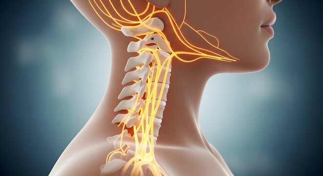 Nervous system anatomy and cervical spine health. Neurology and medical education. Side view of a human neck showing detailed vertebrae and yellow glowing nerve branches