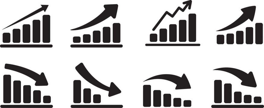 Graph going up and down sign, green and red arrows, flat design vector, sales bar chart symbol, arrow up and down, business growth concept illustration