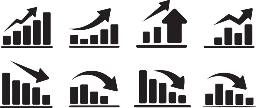 Graph going up and down sign, green and red arrows, flat design vector, sales bar chart symbol, arrow up and down, business growth concept illustration