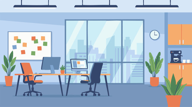 Modern office interior with two workstations, cityscape view, and coffee corner