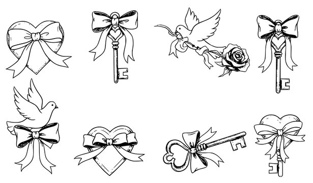 A set of black and white vector illustrations of bows and keys with hearts and doves