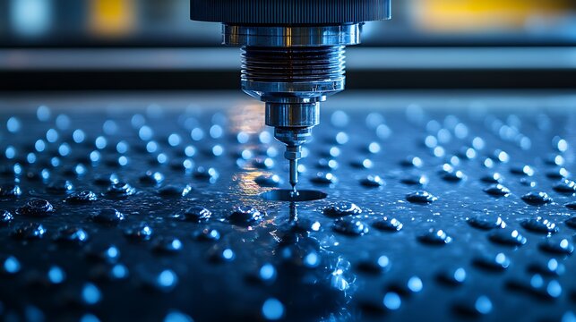 Close-up of a CNC machine drill bit creating precise holes in a metal surface, illuminated by blue light.