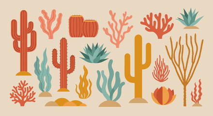 Fototapeta premium Desert Botanical Elements: Cactus Agave and Succulent Vector Illustration