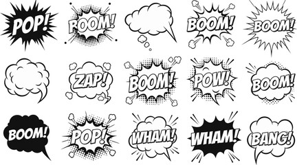 comic book speech bubbles with various explosion words on white background © Pixel Verses