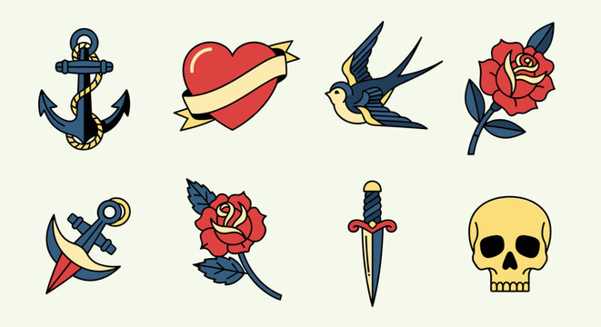 Traditional Tattoo Style Icon Set with Skulls Flowers Birds Daggers Hearts Anchors