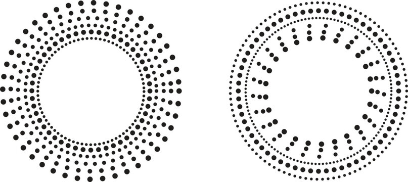 Abstract halftone dotted circular ring frame set radial dot burst pattern modern geometric vector background decorative template element