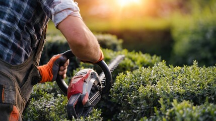 Obraz premium Gardener Trims Green Bushes in Sunny Backyard During Afternoon Work Session