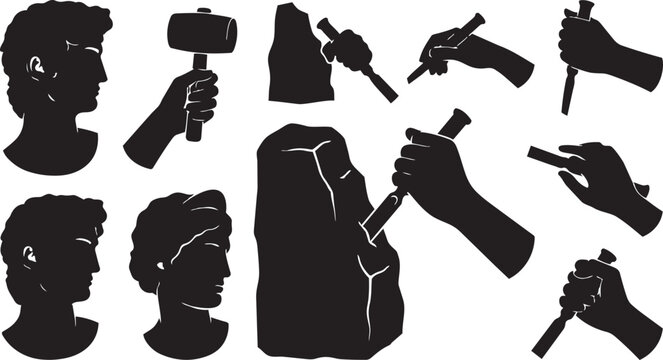 Black vector illustration of a profile silhouette of a woman with long hair holding a gun as a shadow person