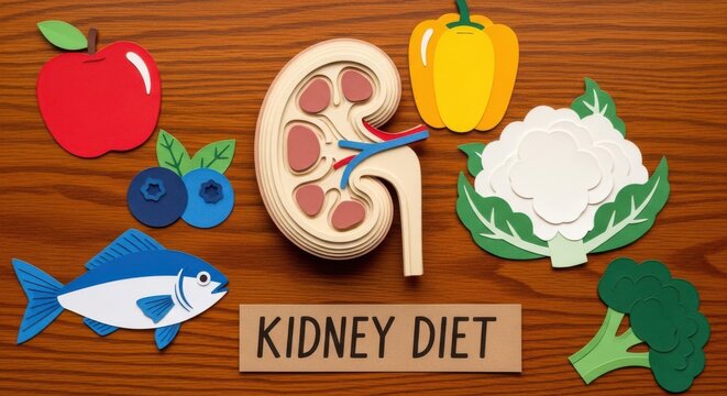 Kidney diet nutrition concept, renal health food icons on wood background, healthy eating for kidney function with paper cut fruits and vegetables