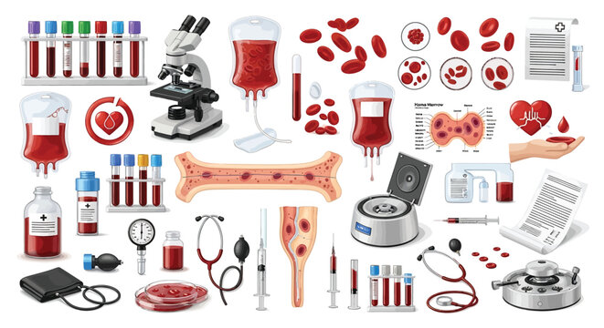 Blood sample and medical equipment icons.