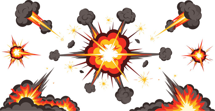 Explosion effects collection cartoon fire blast smoke bomb detonation sparks comic style dynamic vector illustration set