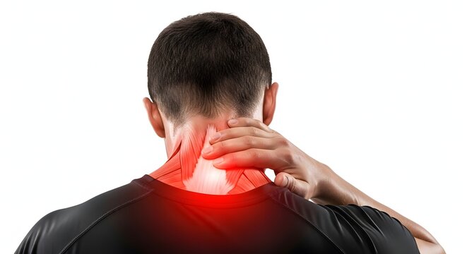 Neck muscle pain and cervical spine tension. Anatomy of sports injury and inflammation. Man holding back of neck with highlighted red muscular pain area on white background