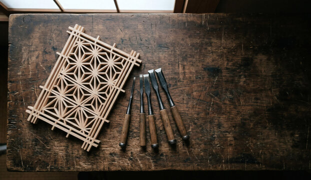 Top view flat lay of a traditional Japanese Kumiko woodworking artisan's desk with an unfinished geometric panel and steel chisels on a scarred workbench